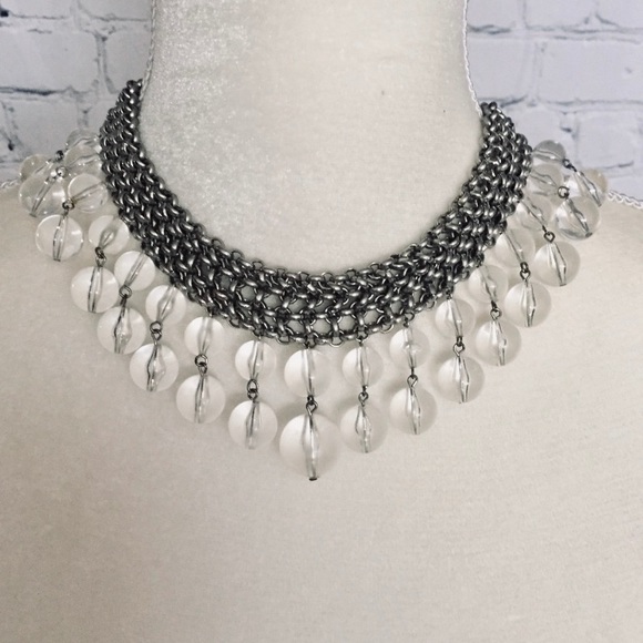 Gorgeous Choker Bib Necklace w Metal + Clear Beads - Picture 1 of 4